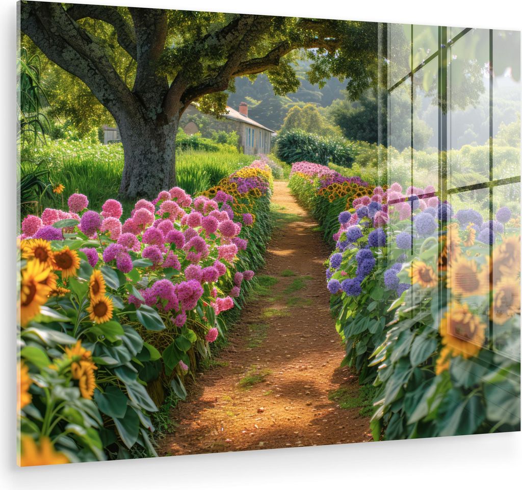 MuchoWow Glasbilder - Bilder auf Wandbild - Foto auf Glas Blumen - Weg - Sonnenblumen - Garten - Hortensie 40x30 cm Wanddekoration aus Glas - Acryl...