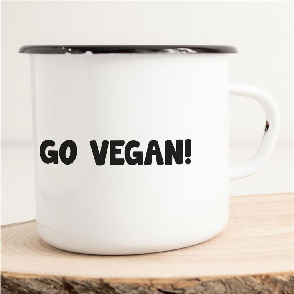 Huuraa Emaille Tasse Go Vegan! Geschenk Kaffeebecher Vintage 300ml Go Vegan! Präsent