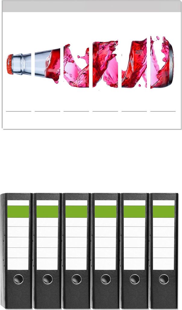 Wallario 6 Stück breite Ordner inkl. Klebeetiketten mit Motive Flasche mit roter Brause - Wirbelsturm - Set mit Rückenschildern / Ordnerrücken ...