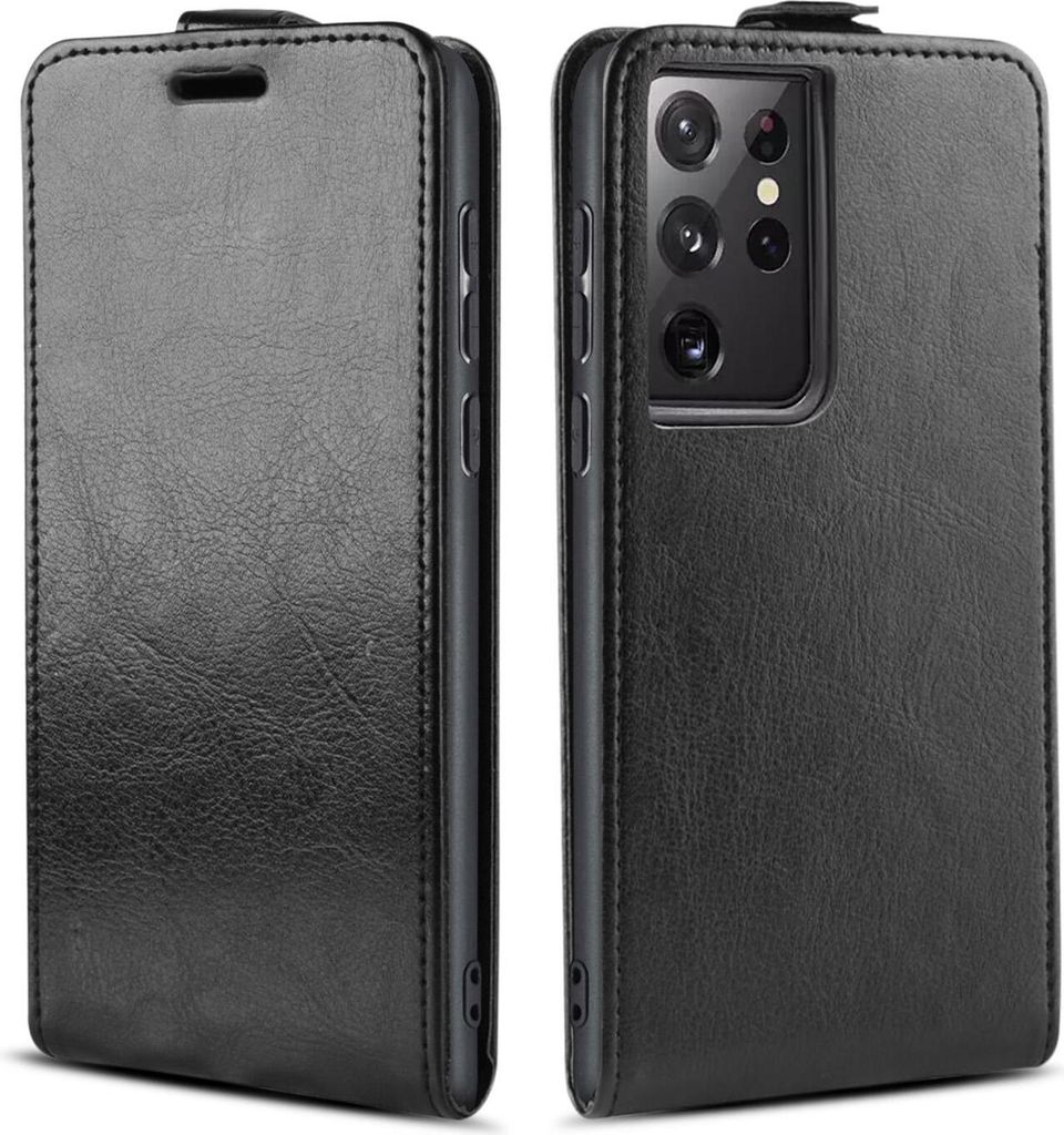 A black flip case for a Samsung Galaxy S21 Ultra 5G phone, shown from the front and side.