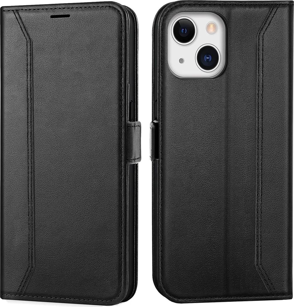 A black flip case for an iPhone 13 Mini is shown from two angles.