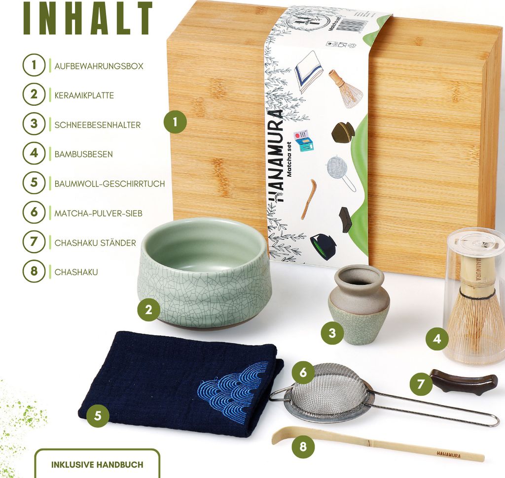 Matcha-Teezeremonie-Set 5-teilig – Mit Schüssel, Bambus-Schneebesen, Schaufel, Sieb & Ständer