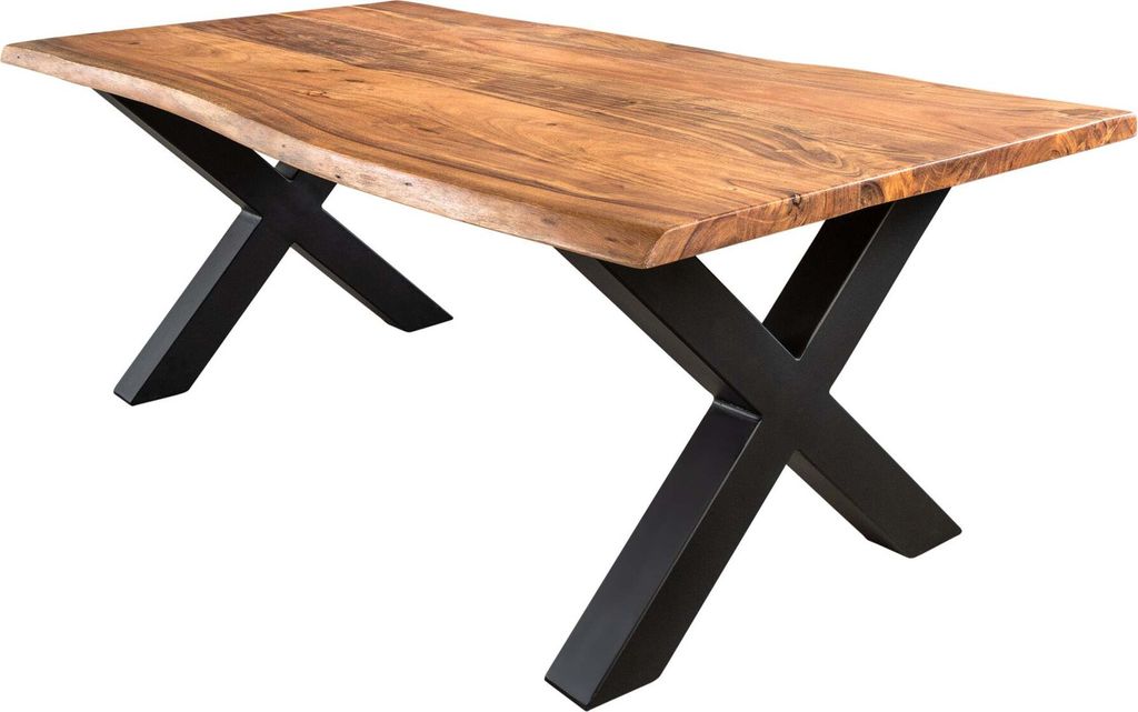 A wooden table with black X-shaped legs, isolated on a white background.
