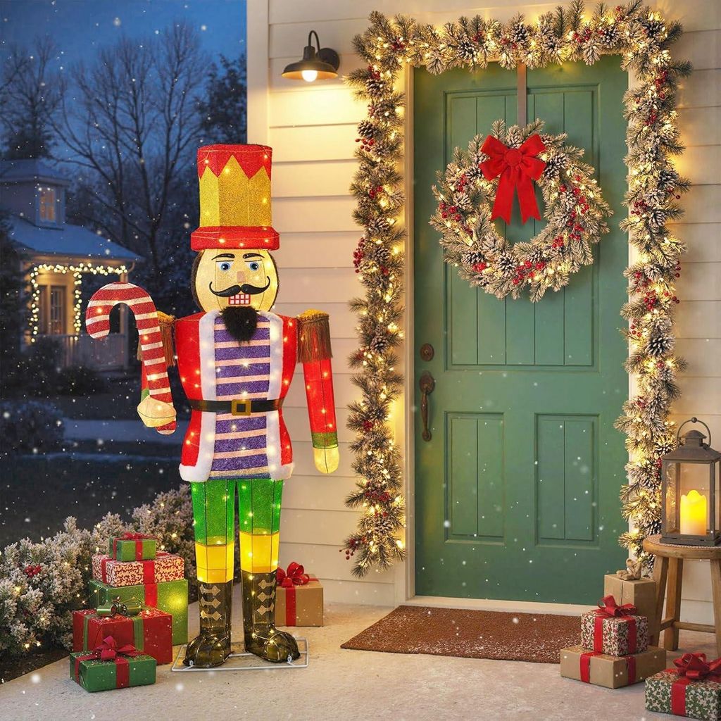 GOPLUS 170 cm Weihnachten Nussknacker Figur groß, beleuchtete Weihnachtsdeko XXL mit LED-Lichtern, Zuckerstange, Weihnachtsbeleuchtung für Garten