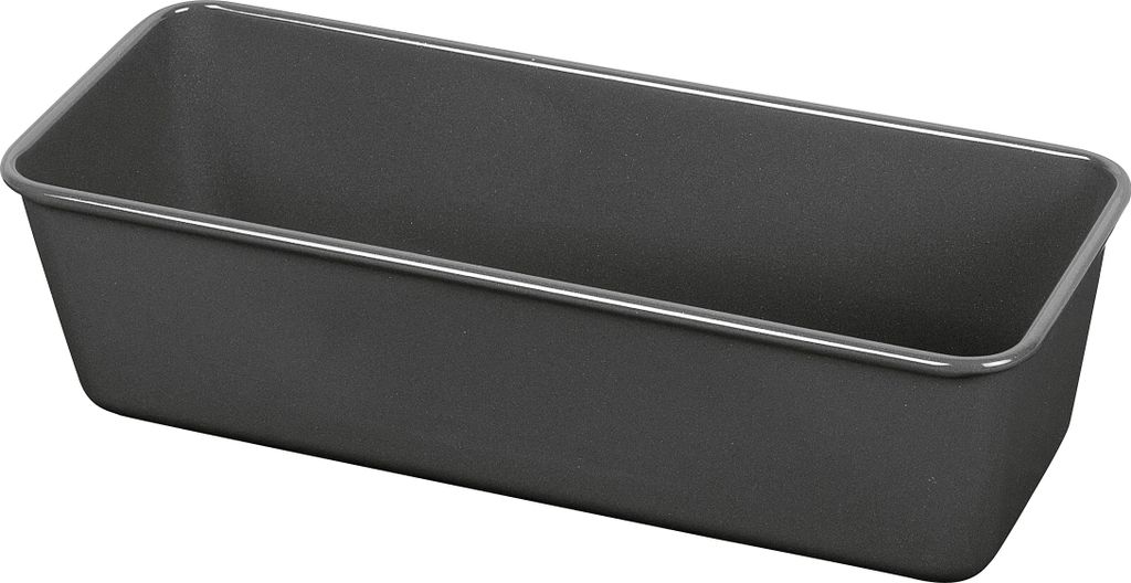 A dark gray loaf pan shown from a diagonal angle against a white background.