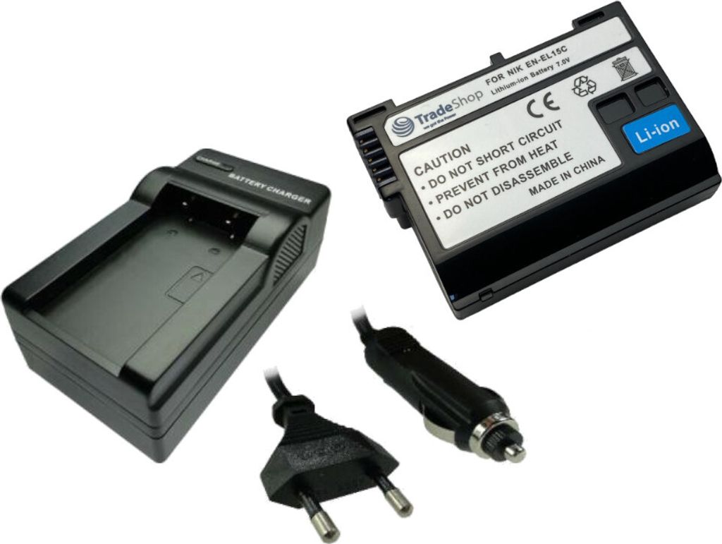 Trade-Shop 2in1 Set: Li-Ion Akku 2400mAh + Ladegerät kompatibel mit Nikon D500 D600 D610 D750 D850 D7000 D7100 D7200 D7500 D800 D800E D810 D810A