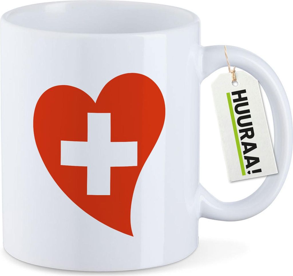Huuraa Kaffeetasse Schweiz Flagge Herz 330ml Weiß Keramik Kaffeebecher Geschenkidee
