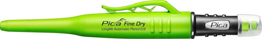 A close-up studio shot of a green mechanical pencil.