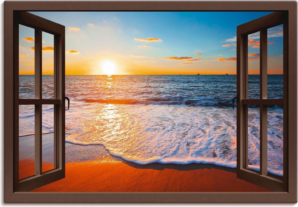 ARTland Leinwandbild Fensterblick Sonnenuntergang Meer Größe: 130x90 cm