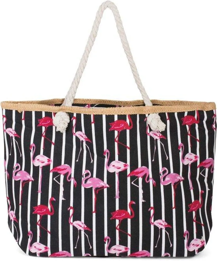 Grand Sac de Plage styleBREAKER à Rayures et Imprimé Flamants Roses