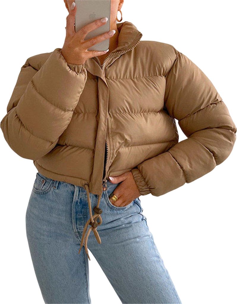 ASKSA Damen Puffer Jacke Kurz Stehkragen Gesteppte Cropped Dicke Winterjacke Outdoor, Khaki, S