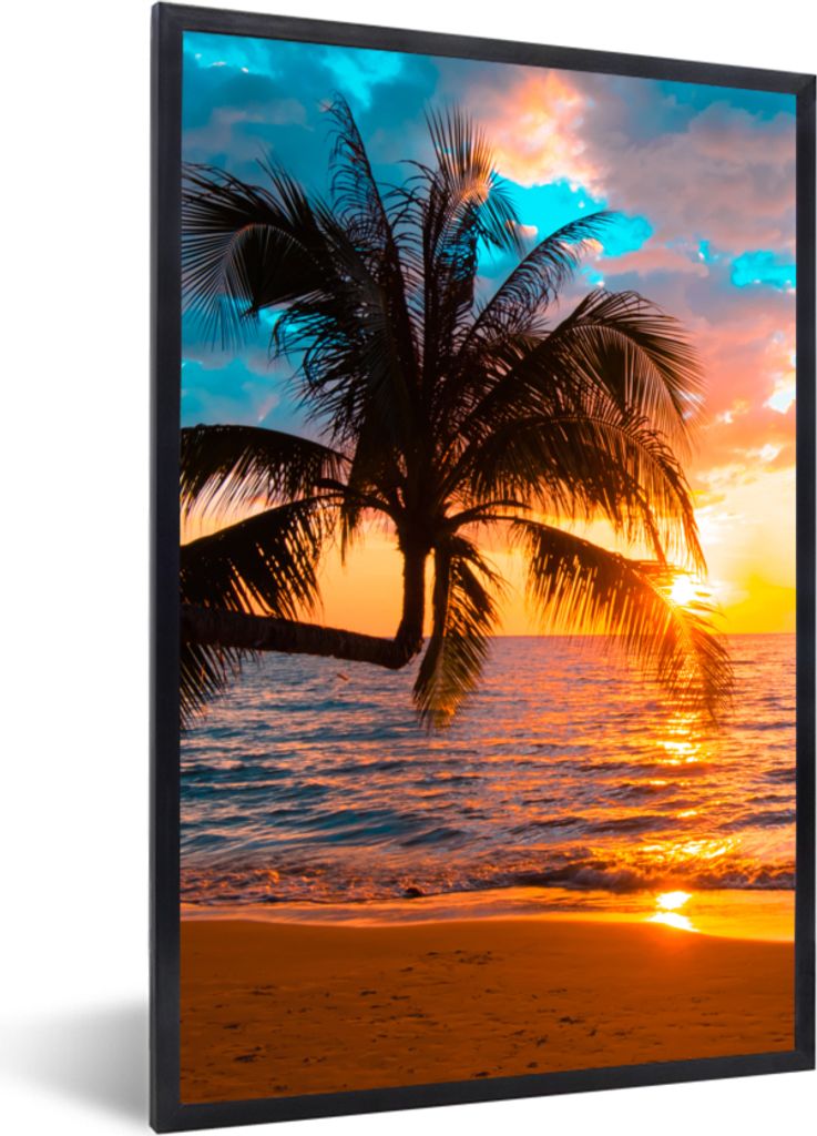 MuchoWow Gerahmtes Poster Palme - Sonnenuntergang - Horizont - Strand - Meer - Tropisch 40x60 cm - Poster mit Schwarzem Bilderrahmen Wandposter R...