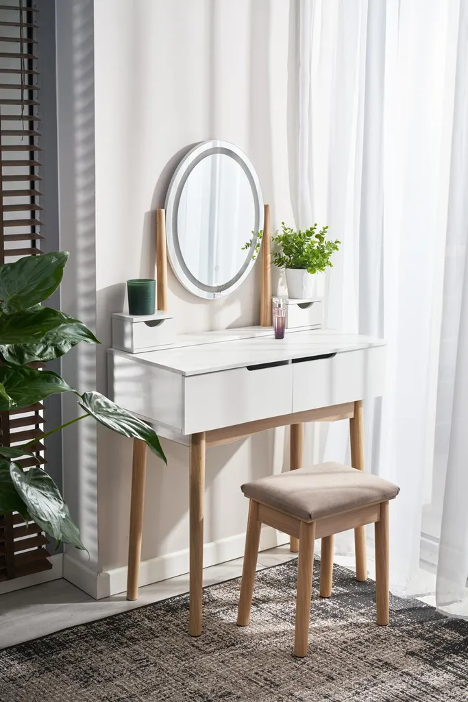 JUMI Coiffeuse Blanche avec Miroir LED SCANDI et Tabouret Style Loft