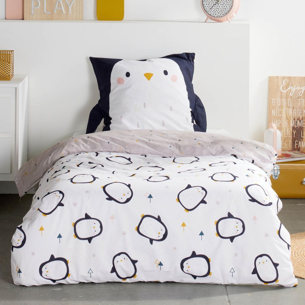 Kinderbettwäsche Set Pinguin 2-teilig 135x200 80x80 cm - Schwarz Weiße Bettwäsche aus 100% Baumwolle mit Reißverschluss - Renforcé, atmungsaktiv