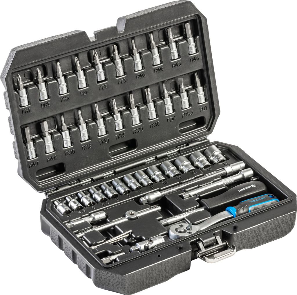 Högert Technik Werkzeugsatz 46-tlg., Steckschlüssel- und Bitsatz 1/4", CRV-Stahl, Gabel-Ring-Schlüssel, DIN 3124, im Stahlkoffer