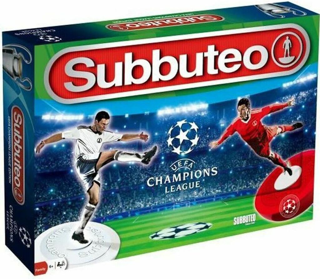The image shows the box of a Subbuteo Champions League Edition table football game, featuring two players in action on a stadium background.