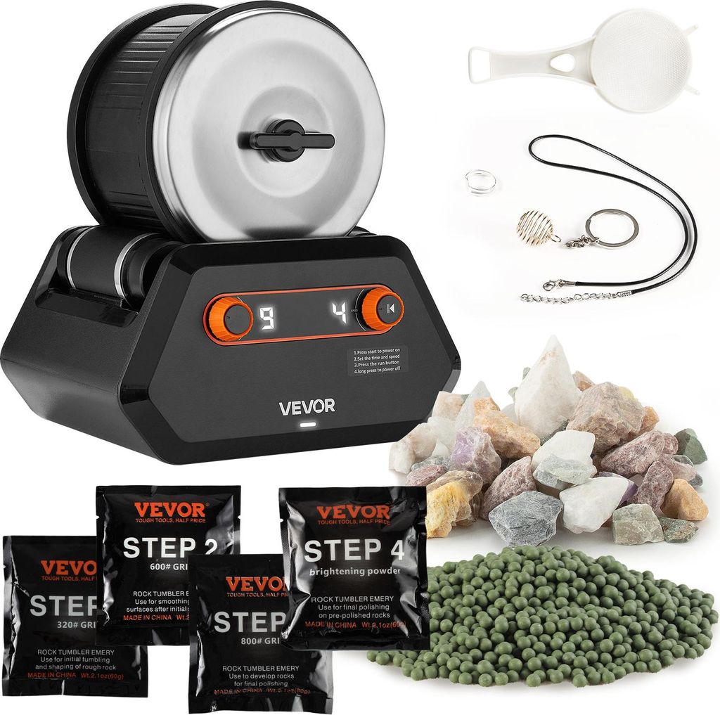 A rock tumbler and polishing kit is displayed on a white background, with various components including raw stones, polishing media, and accessories.