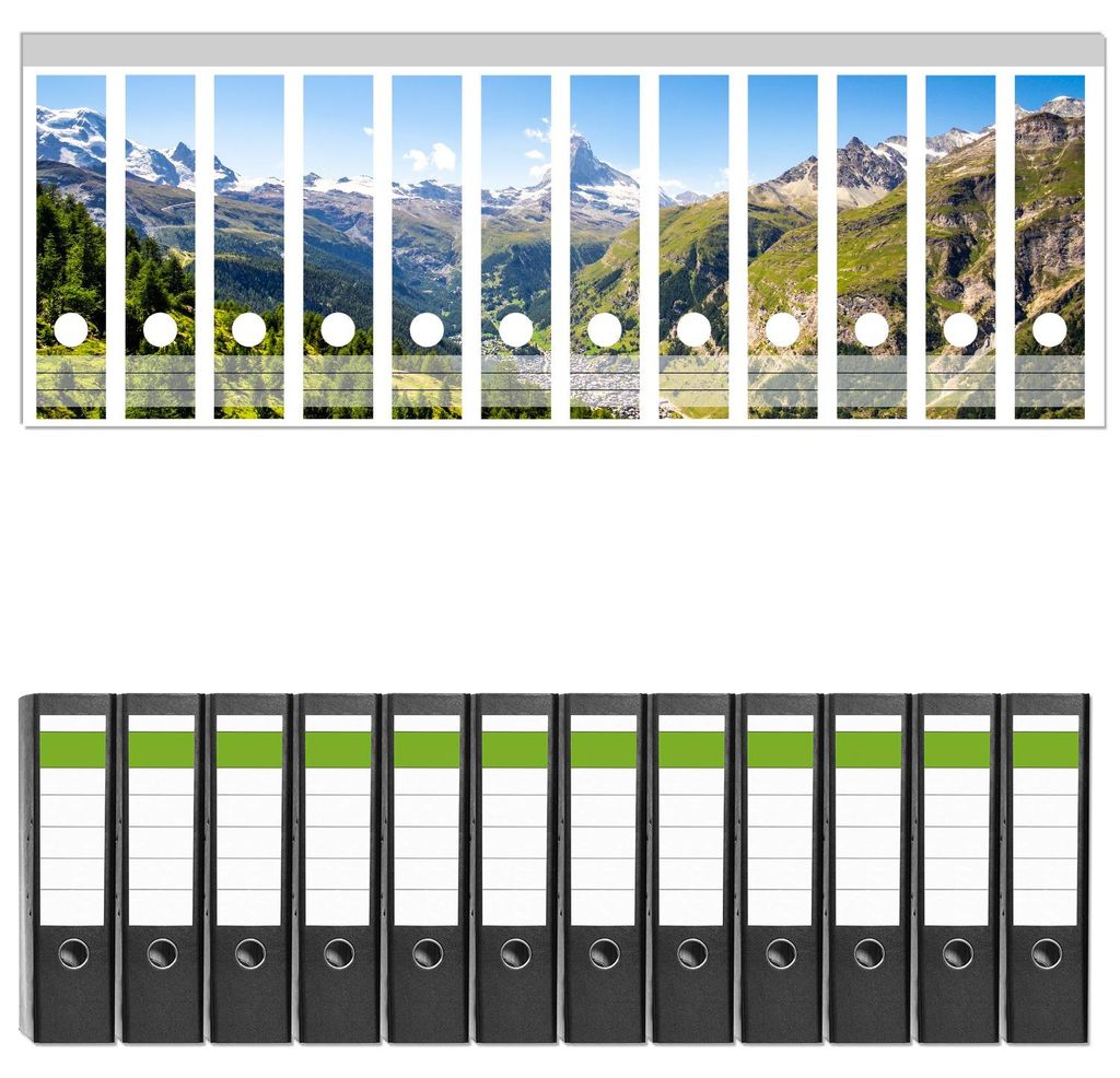Wallario 12 Stück breite Ordner inkl. Klebeetiketten mit Motive Sommerliches Alpenpanorama - Set mit Rückenschildern / Ordnerrücken Stickern