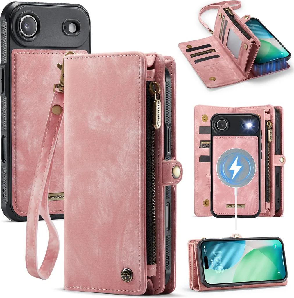 Custodia Pelle iPhone Air Multifunzione: Slot Carte, Zip Rosa Vintage