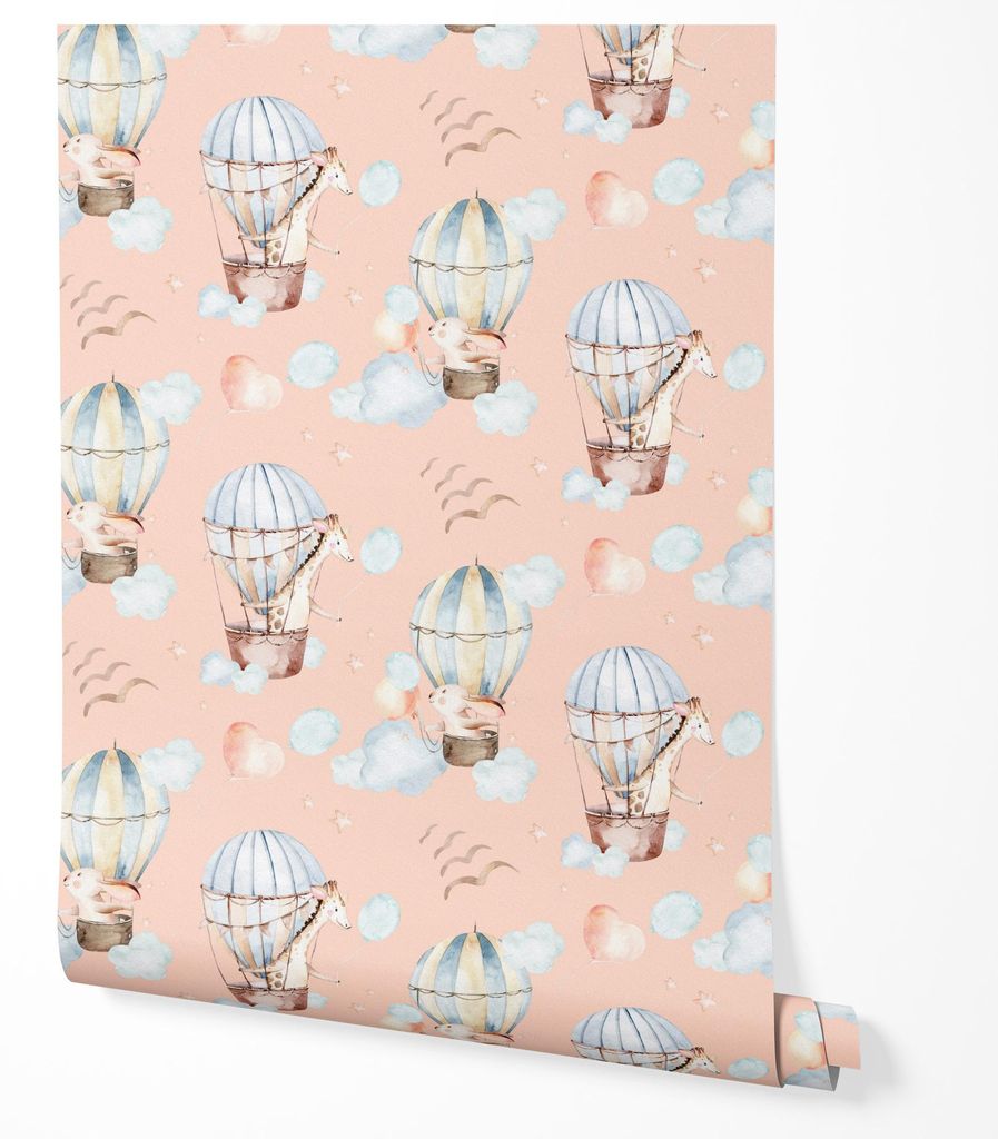 Vliestapete Heißluftballons Giraffe Hase Wolken Ballons Muster rosa blau Töne Kinderzimmer Babyzimmer traumhaftes Himmel Wanddesign 5m x 0.5m