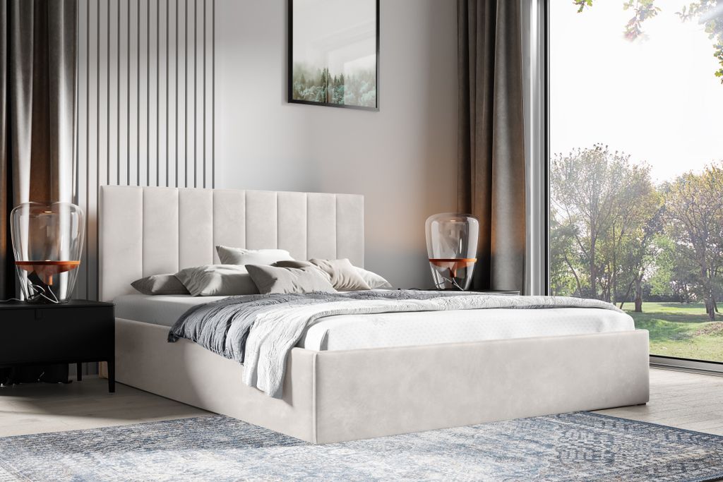 Polsterbett 160 x 200 cm – gestepptes Kopfteil, stabiler Sperrholz-Bettrahmen, modernes Design MONTI (Trinity 01)
