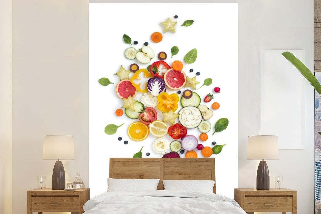 MuchoWow Fototapete für Wohnzimmer oder Schlafzimmer Wandtapete Vinyl Motivtapete Obst - Gemüse - Weiß - 195x300 cm - Das Hintergrundbild