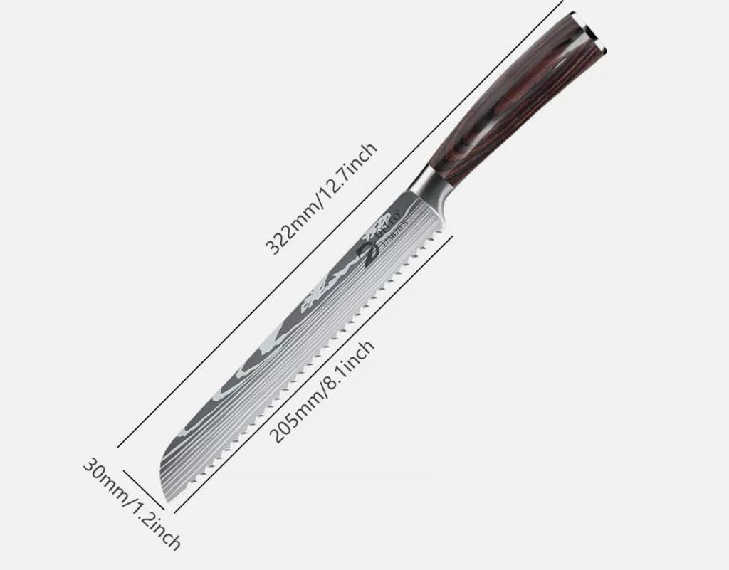 Nůž na chléb vroubkovaný kuchyňský nůž s damaškovým vzorem Obrázek produktu 