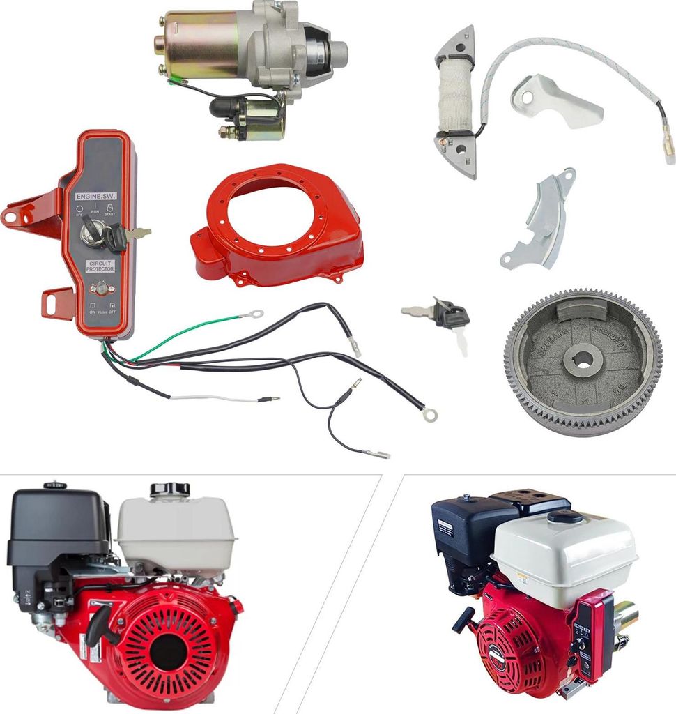 Elektro-Startkit - Anlasser & Schwungrad - 12V - Passend für GX160 5,5 PS/GX200 6,5 PS - Aluminium/Eisen/Kupfer - Direkter Ersatz - Rot