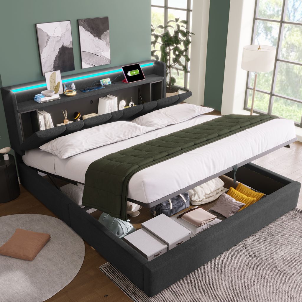 okwish Doppel-Polsterbett 140x200cm, mit USB-Aufladung, Produktbild 