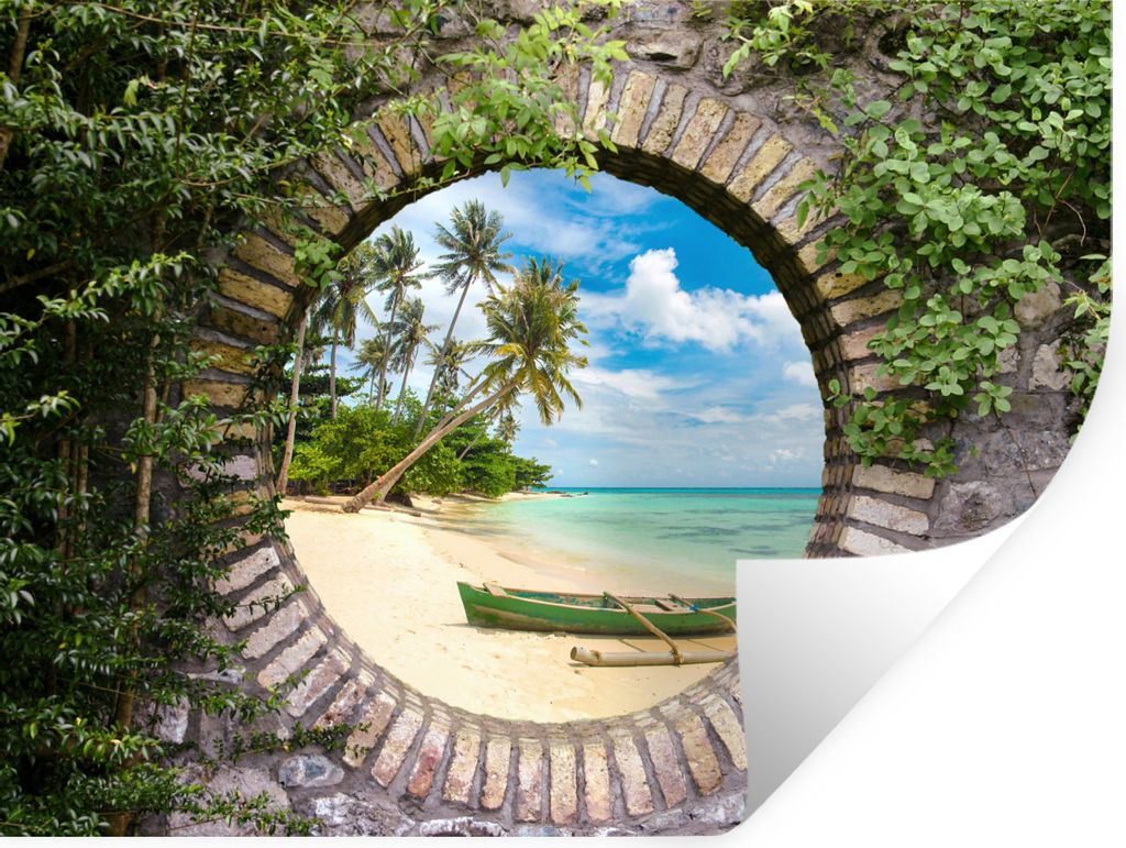 MuchoWow Wandtattoo Wandsticker Wandaufkleber Strand - Palme - Aussicht - Kanu 40x30 cm Selbstklebend und Repositionierbar - Faltenfrei