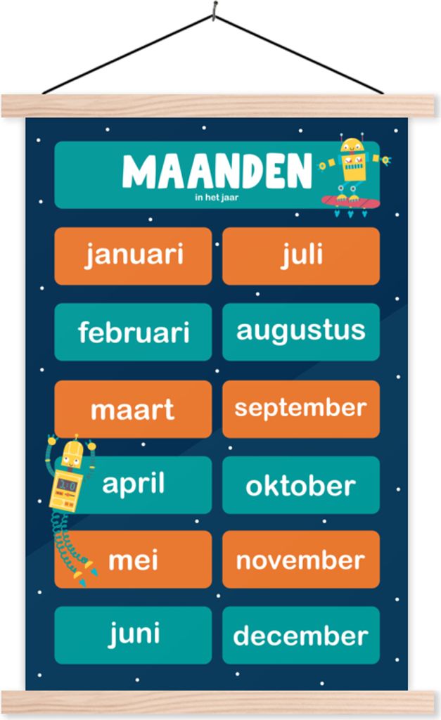MuchoWow Textilposter Kinderzimmer - Erzieherisch - Monate - Mädchen - Jungen - Kinder 120x180 cm mit holzfarbenen Rahmen - Textil-Plakat