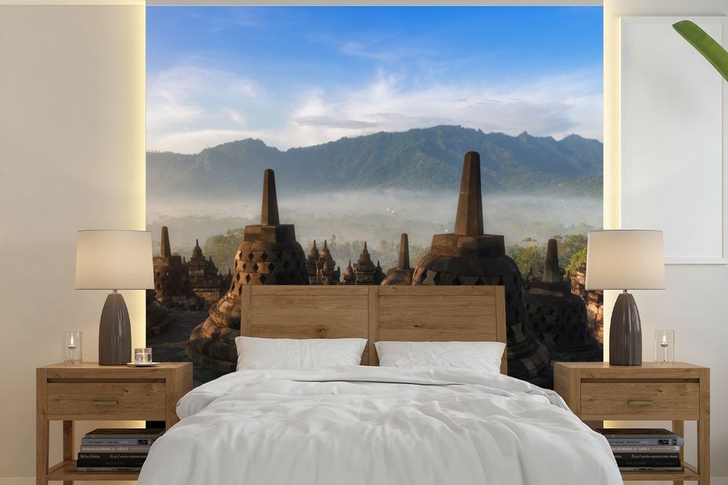 MuchoWow Fototapete für Wohnzimmer oder Schlafzimmer Wandtapete Vinyl Motivtapete Indonesien - Berg - Nebel - 220x220 cm - Tapeten