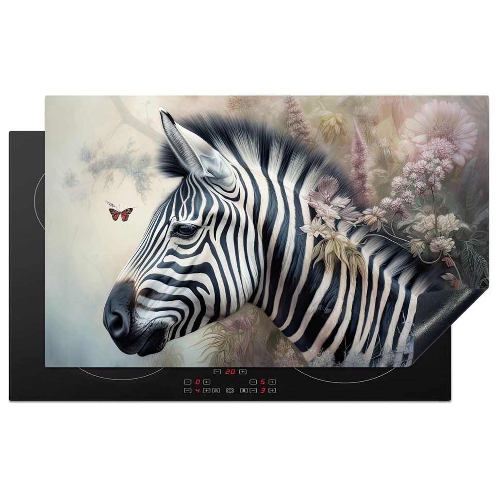 KitchenYeah Herdabdeckplatte Zebra - Wilde Tiere - Schmetterling - Blumen , 85x52cm, Küche Deko, Glaskeramikkochfeld Herdabdeckung, Abdeckplatte...