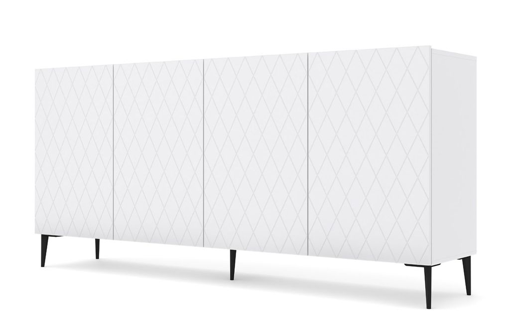 Kommode DIUNA 4D 193 cm mit dekoriert Front 4 Türen Sideboard Highboard Schrank auf Beinen, Weiß Matt