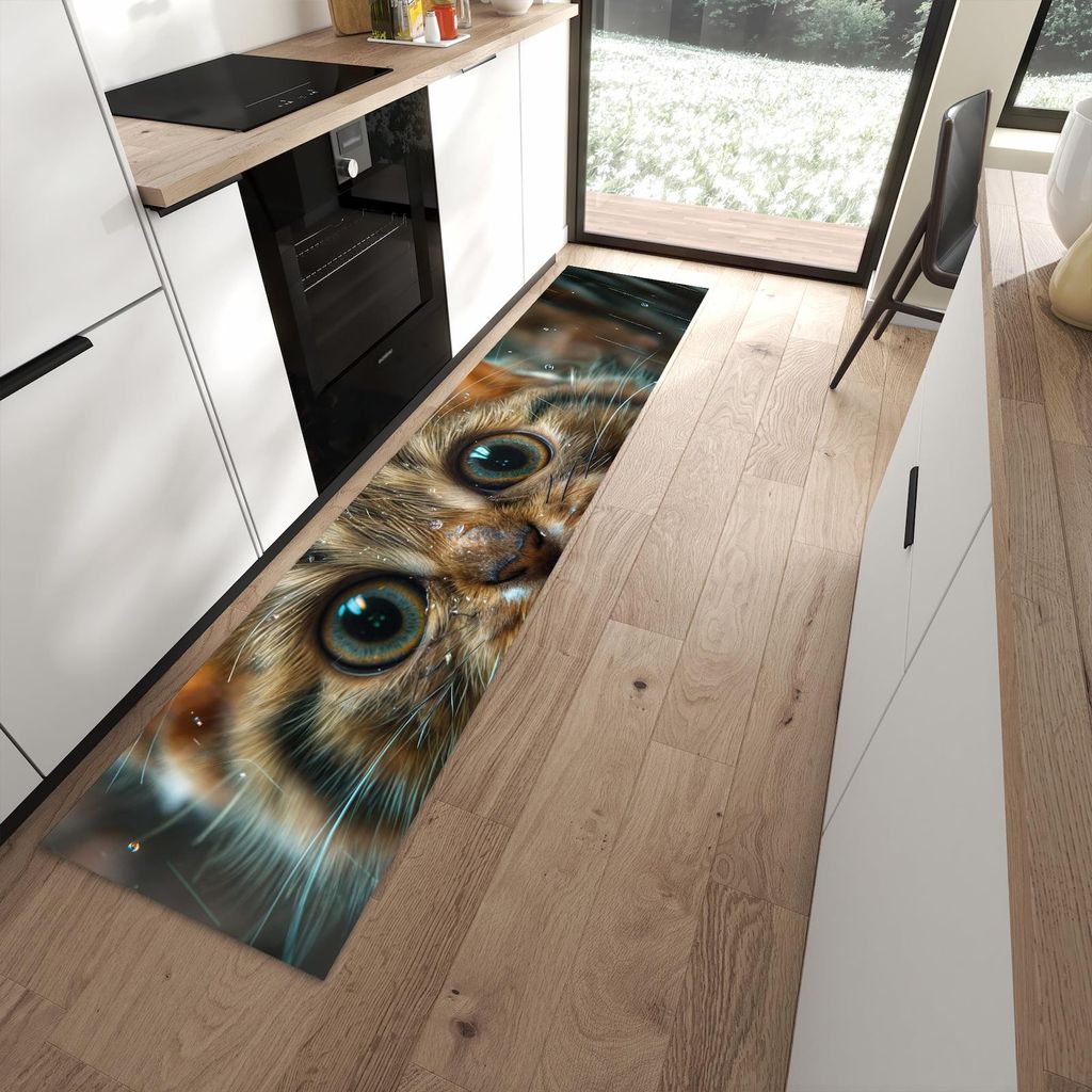 Küchenteppich 60x270cm rutschfest & abwischbar PVC Läufer - Nasse Katze