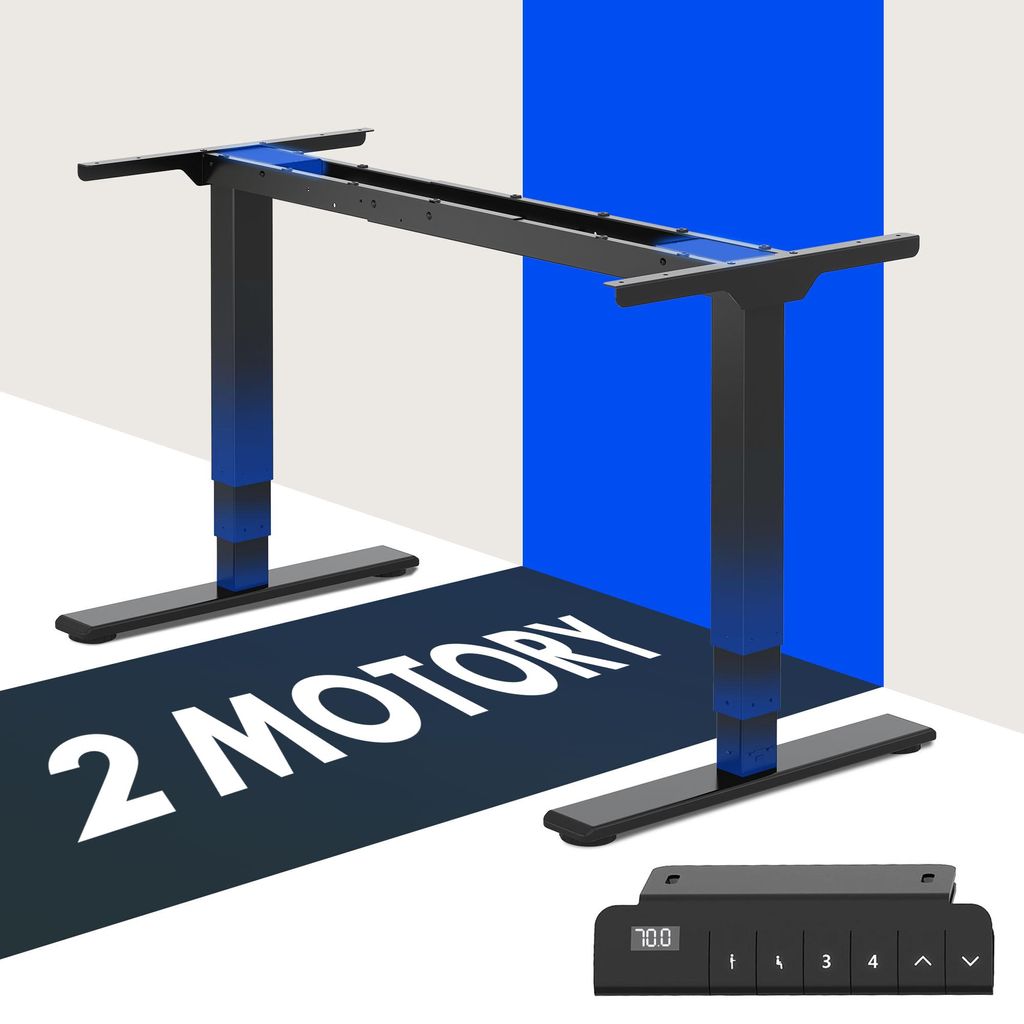 A black electric standing desk frame with blue accents on a light gray and white background with blue and dark gray graphic elements.