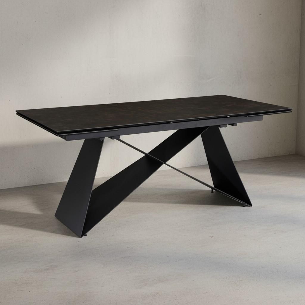 Esszimmertisch 180 - 260 cm Ausziehbar Keramik Glas Schwarz, Keramiktisch Groß, Designer Küchentisch Rechteckig, Esstisch Extravagant mit Metallb...