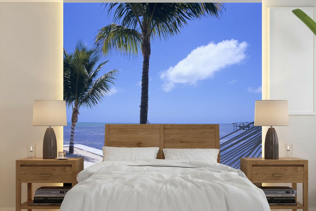 MuchoWow Fototapete für Wohnzimmer oder Schlafzimmer Wandtapete Vinyl Motivtapete Meer - Hängematte - Palme - 240x240 cm - Schlafzimmer-Tapete