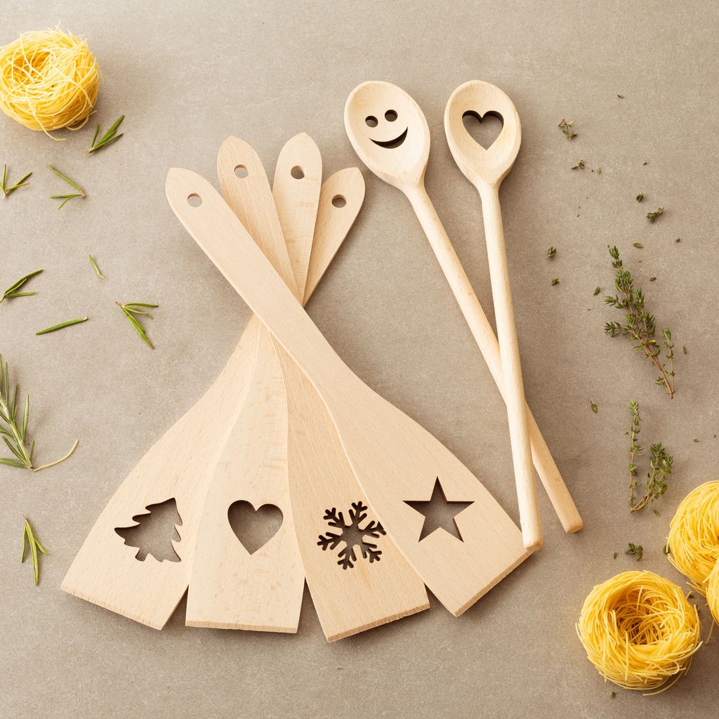 tuuli 6-tlg Kochlöffel Pfannenwender Set Holz Buche mit Motiv 30 cm
