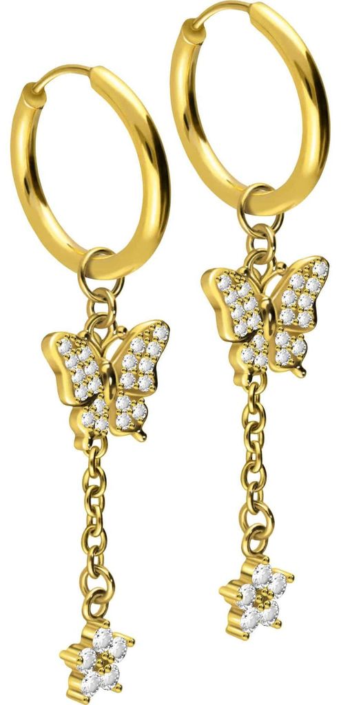 Chirurgenstahl Ohrclicker Creolen KRISTALLSCHMETTERLING + KRISTALLBLUME Gold Innendurchmesser: 14mm + Designstärke: 1,6mm