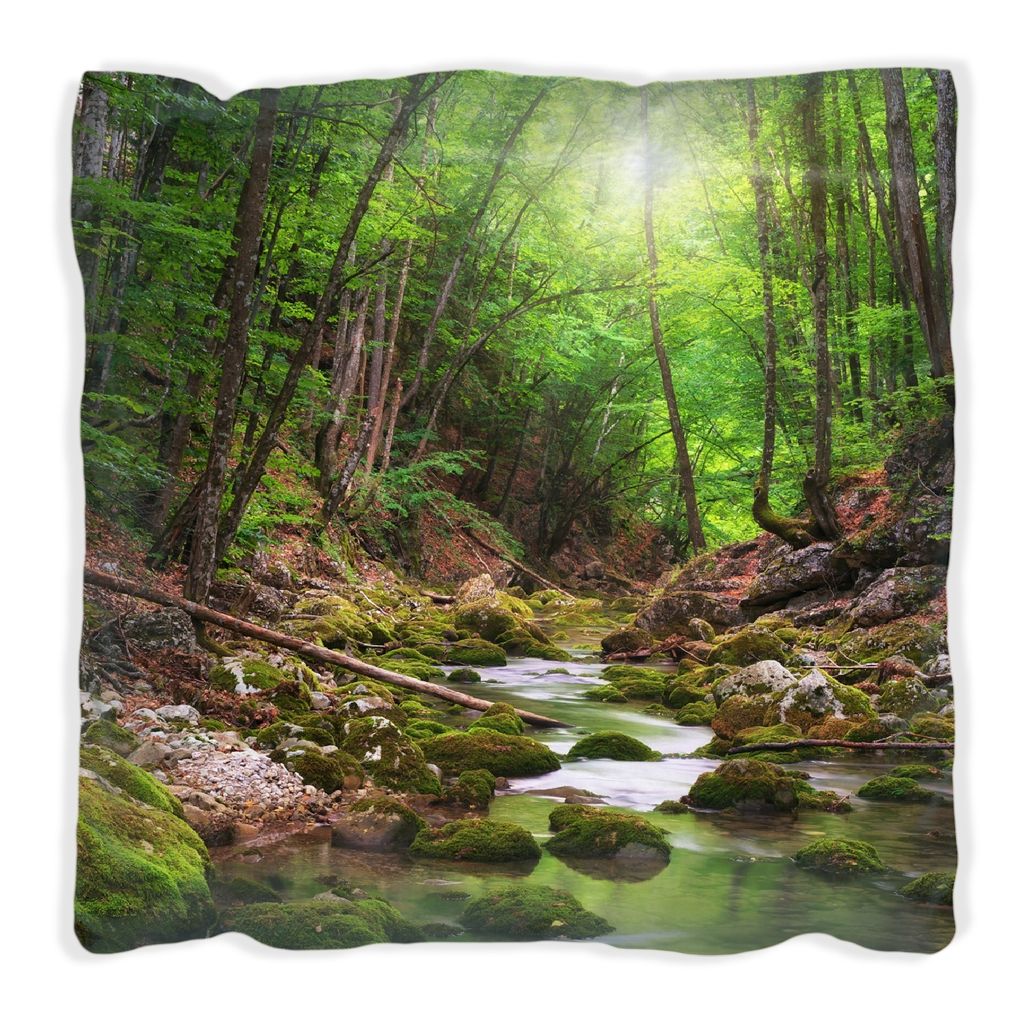 Wallario Premium Kissen, weiche Oberfläche, mit Motiv Fluss im Wald, Größe: 40 x 40 cm, mit weißer Rückseite