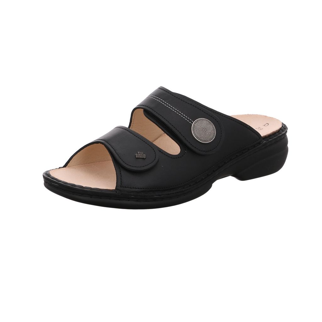 A black Finn Comfort sandal is shown against a white background.