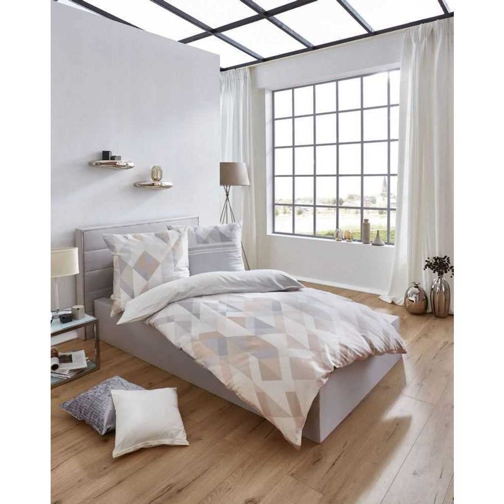 Kaeppel Satin Bettwäsche Expression Wende Taube Dreiecke Grau 100% Baumwolle Reißverschluss Bettbezug Kissenbezug Bettgarnitur 155x220 cm Steingrau