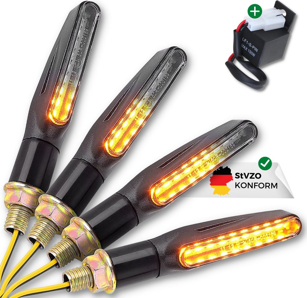 Binego® 4x LED Blinker Motorrad E Geprüft mit Lauflicht LED + Blinkerrelais | Universelle Mini Blinker Moped Zubehör | StVZO konform