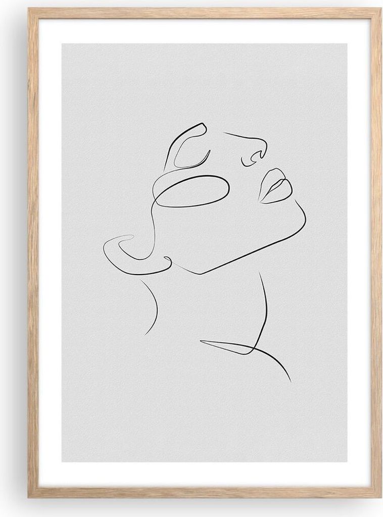 Gerahmtes Poster - Rahmen in heller Eiche - Stück Linear Gesicht - 50x70 cm - Wand Bild - Wanddeko - Wandbilder - Kunstposter - Wandposter - Bilde...