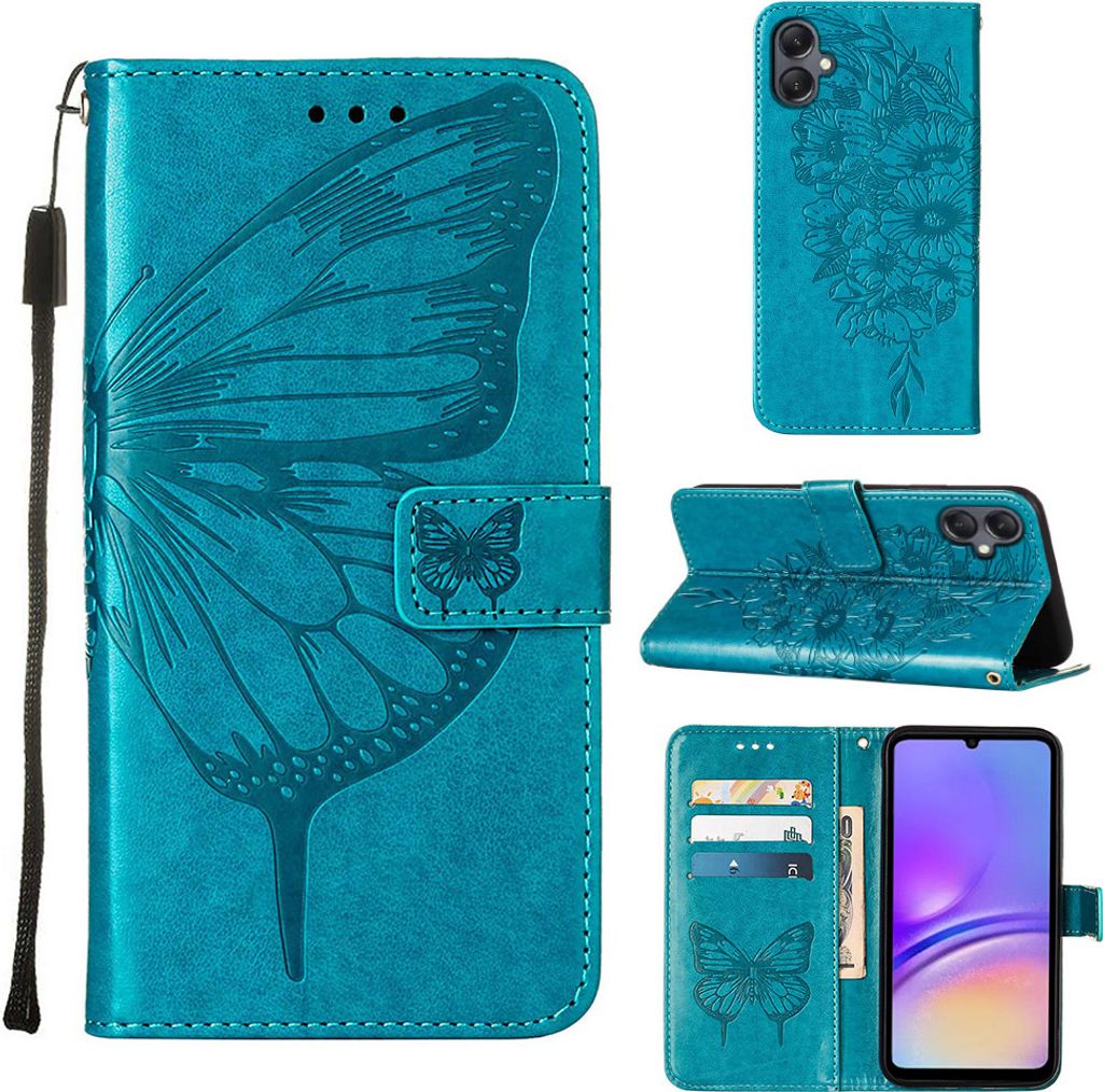 Lederhülle für Samsung Galaxy A05 Schmetterling Prägung Flip Ledertasche Kartenfächer Handyhülle mit Ständer Blau