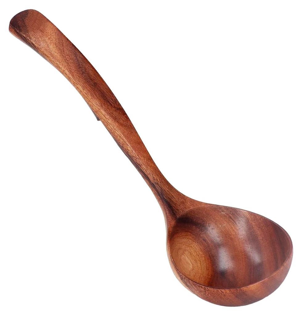 Schöpflöffel aus Akazienholz mit langem Griff, Suppenservierlöffel, Küchenutensil mit Textur (Groß)