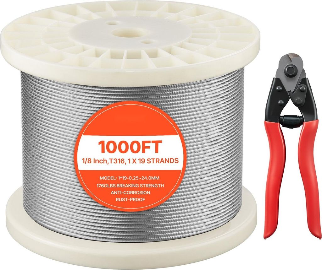 Edelstahl-Drahtseil (Stahlseil) - 1x19 Litzen - Durchmesser Ø 3,2 mm - Länge 304,8 m - Edelstahl 316 - Bruchlast 798,3 kg - Für Geländer & Spal...