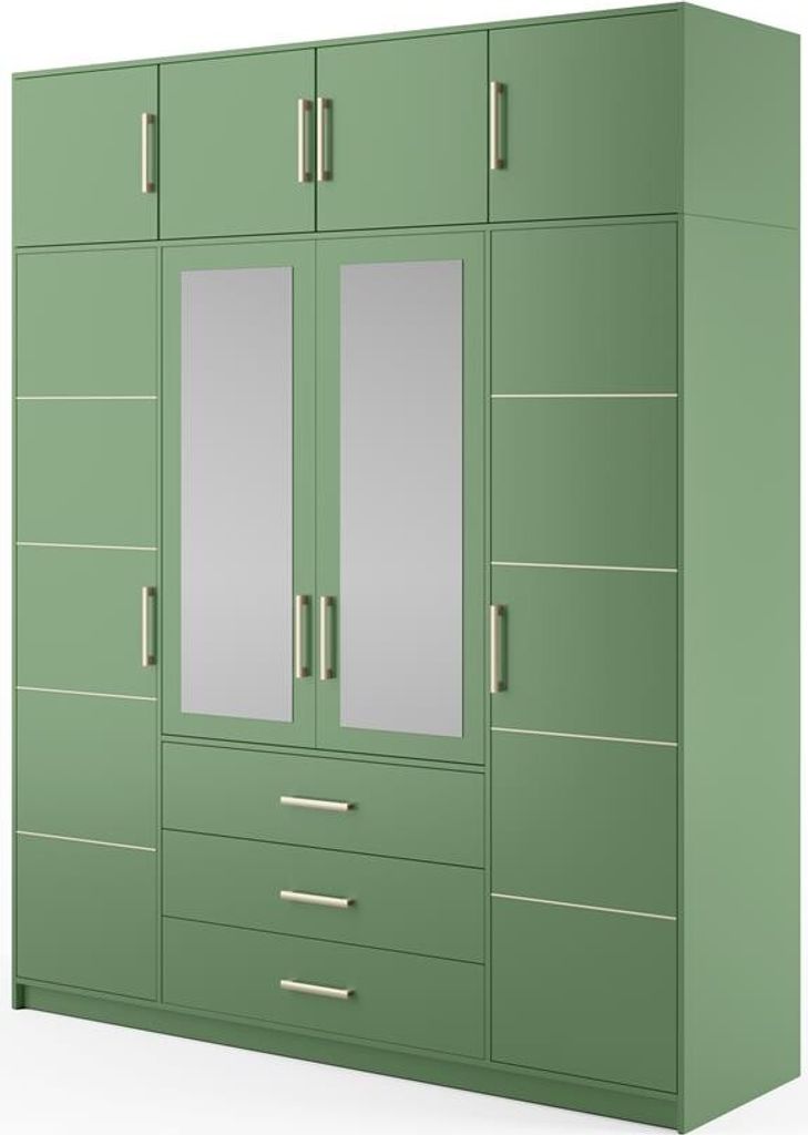 BETTSO Drehtürenschrank Kleiderschrank mit 4 Türen und 3 Schubladen Spiegel Garderobenschrank Garderobe BALI II D4+ VERLÄNGERUNG Flaschengrün