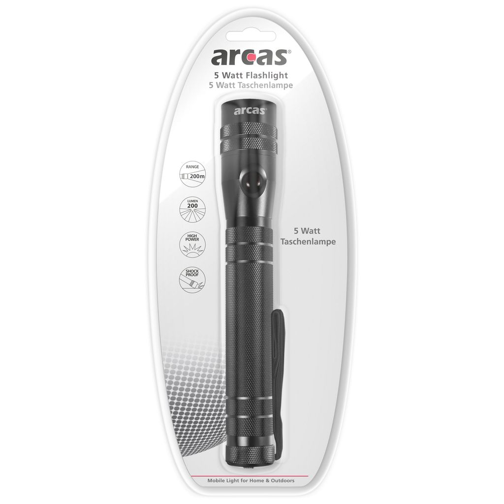 ARCAS 5 Watt LED Aluminium Taschenlampe – Robuste Handlampe aus Hochwertigem Aluminium in Schwarz – Wasserdichte und langlebige Taschenlampe